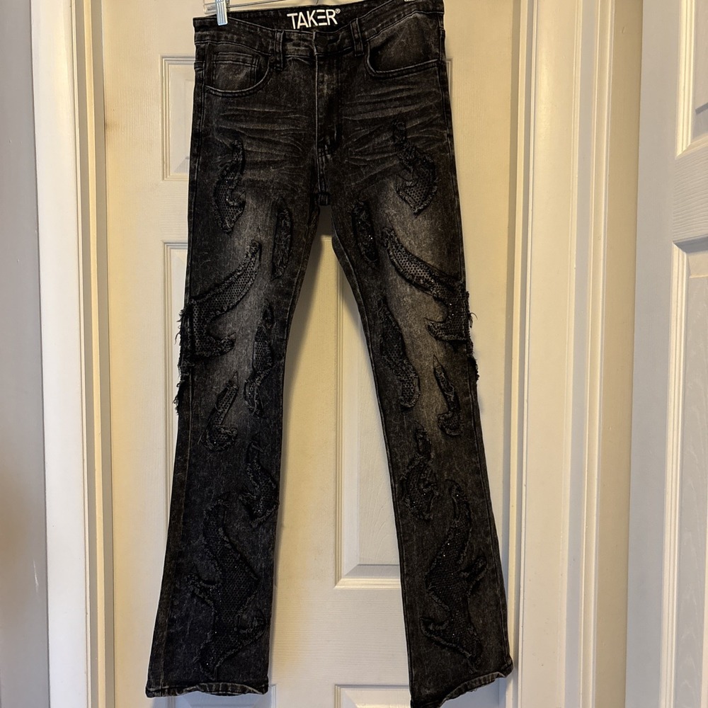Taker Super Stacked Tall Jeans Mens 30x36 Black Distressed Frayed Flare Stoned